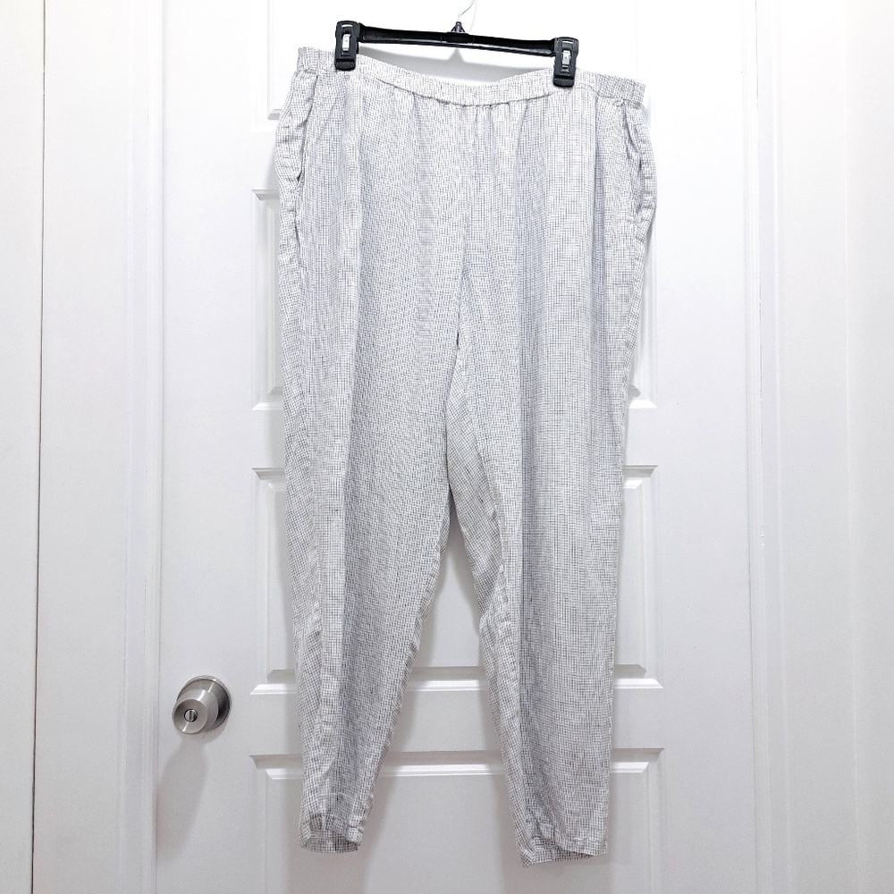 Eileen Fisher White Black Check Linen Tapered Pant Size Large